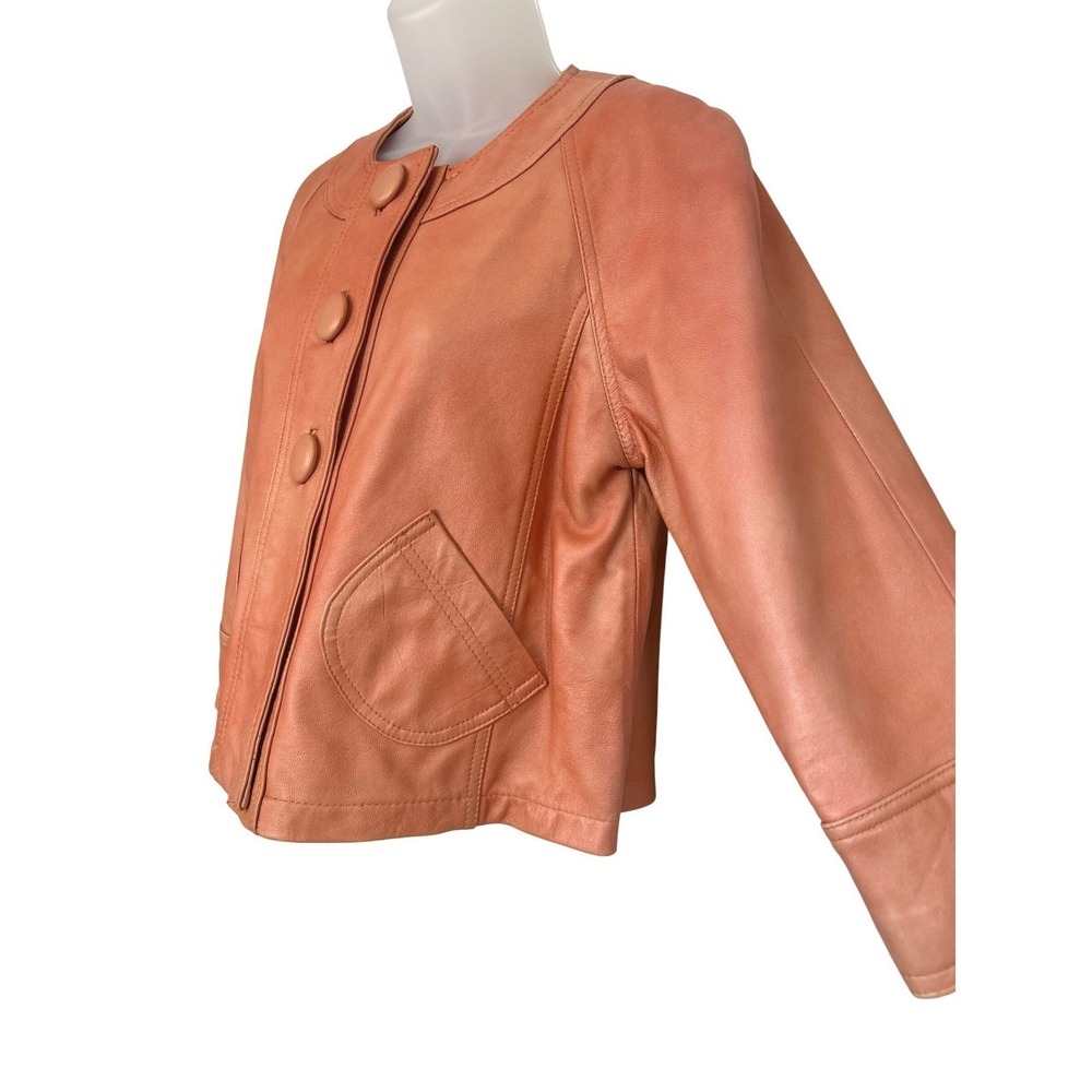 Chicos Leather Jacket Sz 0 Peach Color Button 3/4 Sleeve Round Collar Womens NWT - Picture 3 of 8